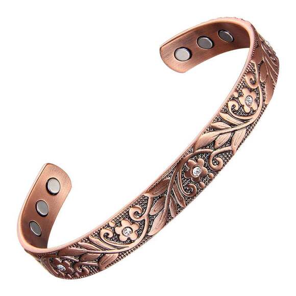 Boho Copper Floral Cuff Bangle Bracelet, Arthritis Relief, Gift Box - Picture 7 of 11